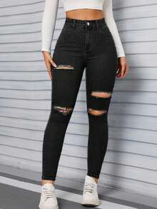 Selenza Black Slant Pocket Ripped Skinny Jeans,Black Jeans - Black - View 4