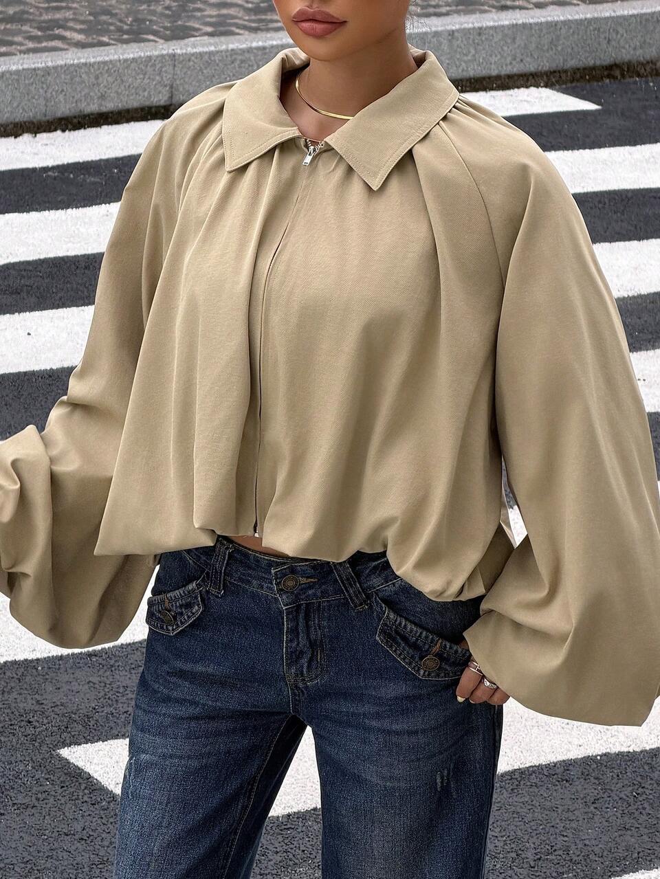 Solid Color Loose Fit Lapel Lantern Sleeve Casual Vacation Spring Autumn Jacket For Women