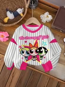 THE POWERPUFF GIRLS X SHEIN 女童條紋卡通印花運動衫 - 白色 - 查看 1