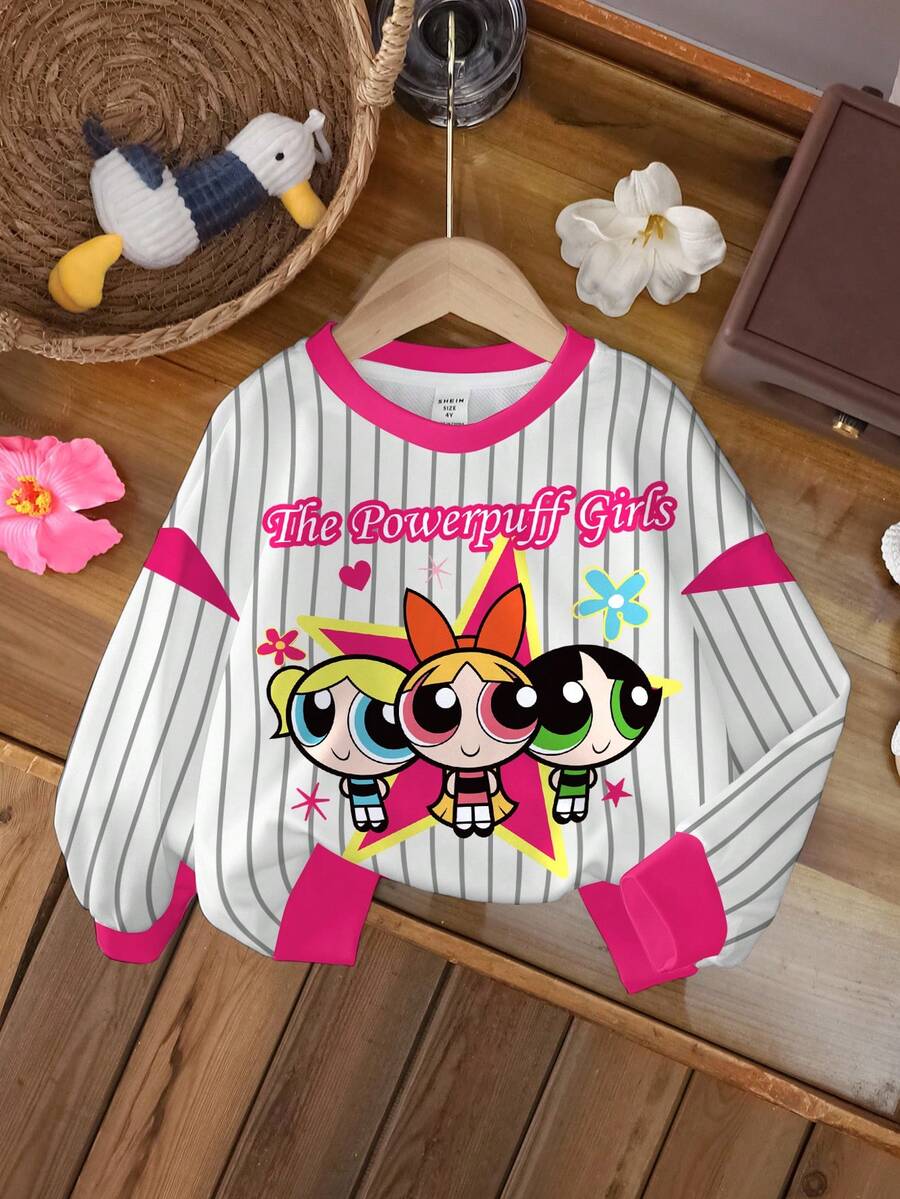 THE POWERPUFF GIRLS X SHEIN 女童條紋卡通印花運動衫 - 白色 - 查看 1