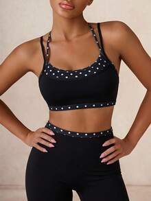 Lumalex 2pcs Comfortable Fabric & Fashion Design Sexy Minimalist Solid Color Patchwork Polka Dot Fabric Sports Tank Top And Shorts, Designed For Women, Suitable For Airport Outfits And Gym Workouts, Slim Fit Style To Showcase Women's Body, Ideal Choice For Women's Gym Workouts - Black and White - View 7