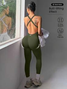 女款無袖性感運動連身褲 - 軍綠色 - 查看 8