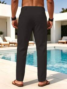 VENTUSAIL Men's Solid Color Drawstring Linen-Feel Casual Pants, Long Trousers With Pockets, Suitable For - Black - View 2