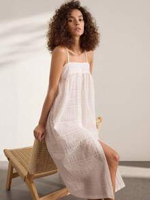 Ocili 100% Jacquard Pure Cotton Soft Comfortable Patchwork Shell Button Camisole Nightgown Women's Loungewear Dress - White - View 7