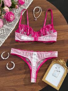 SHEIN 粉色浪漫女款鋼圈內衣與內褲套裝，2件組 - 玫紅色 - 查看 2