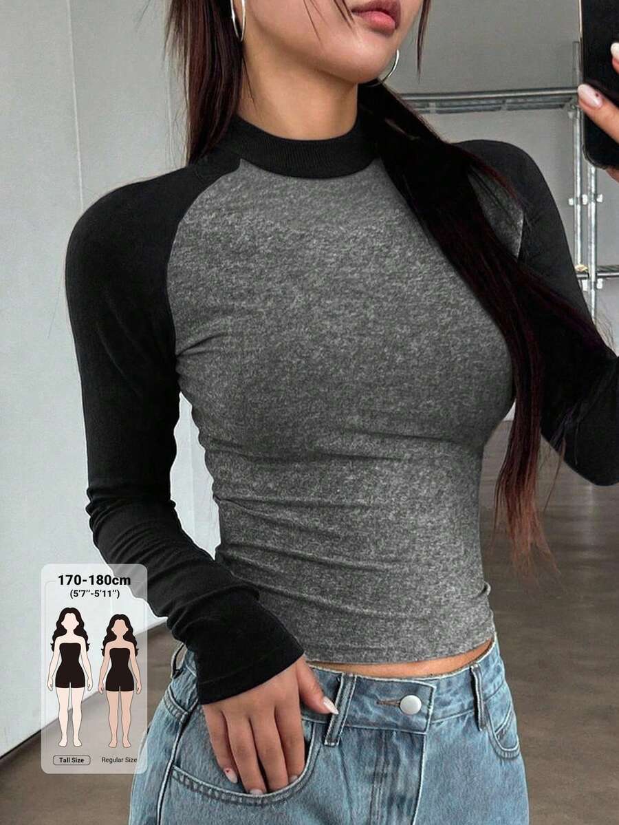 Dazy Tall Women's Round Neck Long Sleeve Slim Fit Colorblock Street Casual T-Shirt Fall - Grey - View 1