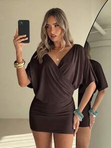 Aloruh Women's Yellow Cowl Neck A-Line Backless Short Dress With Tie Straps, Suitable For Vacation, Date, Commute, Daily Wear - Brown - View 8