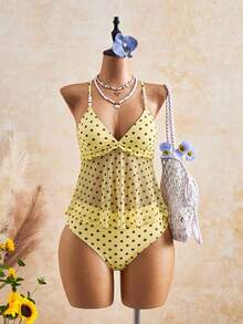 Swim Vcay 女款夏季海灘休閒度假黑色波點印花串珠裝飾背心比基尼套裝 - 淡黃色 - 查看 4