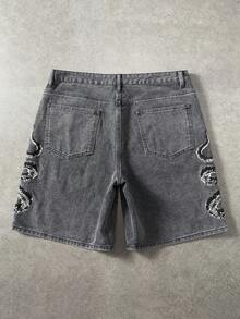 ROMWE MEN Street Life Men's Summer Casual Snake Embroidered Denim Shorts - Black - View 3