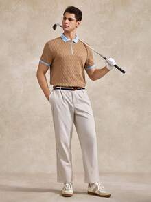 男士休閒紋理拉鍊半開襟短袖對比色 Polo 衫 - 卡其色 - 查看 7