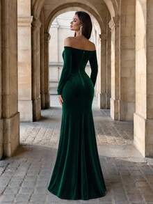 Firerie Solid Color Velvet Off Shoulder Ruched Waist High Slit Bridesmaid Dress, Elegant Long Sleeve Dress Wedding Fall - Green - View 2