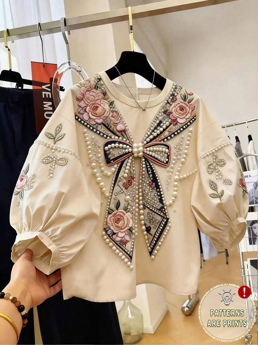 Resyla Women's Vintage Floral Decorated Puff Sleeve Round Neck Blouse, Summer - Multicolor - View 1