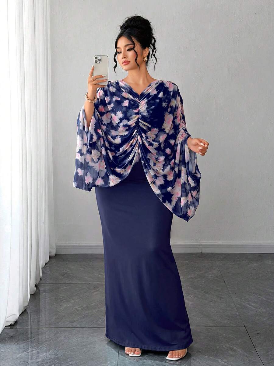 Elenzga Plus Size Women's Romantic Knitted French Style Ditsy Floral Ruched Cape Cover Up Mint Green Fitted Bodycon Maxi Dress - Navy Blue - View 1