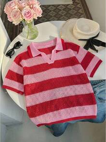 Comfortcana Plus Size Color Block Striped Hollow Knit Top Back-To-School Date Night Light Pink Summer 1920s 1950s Vintage - Red - View 3