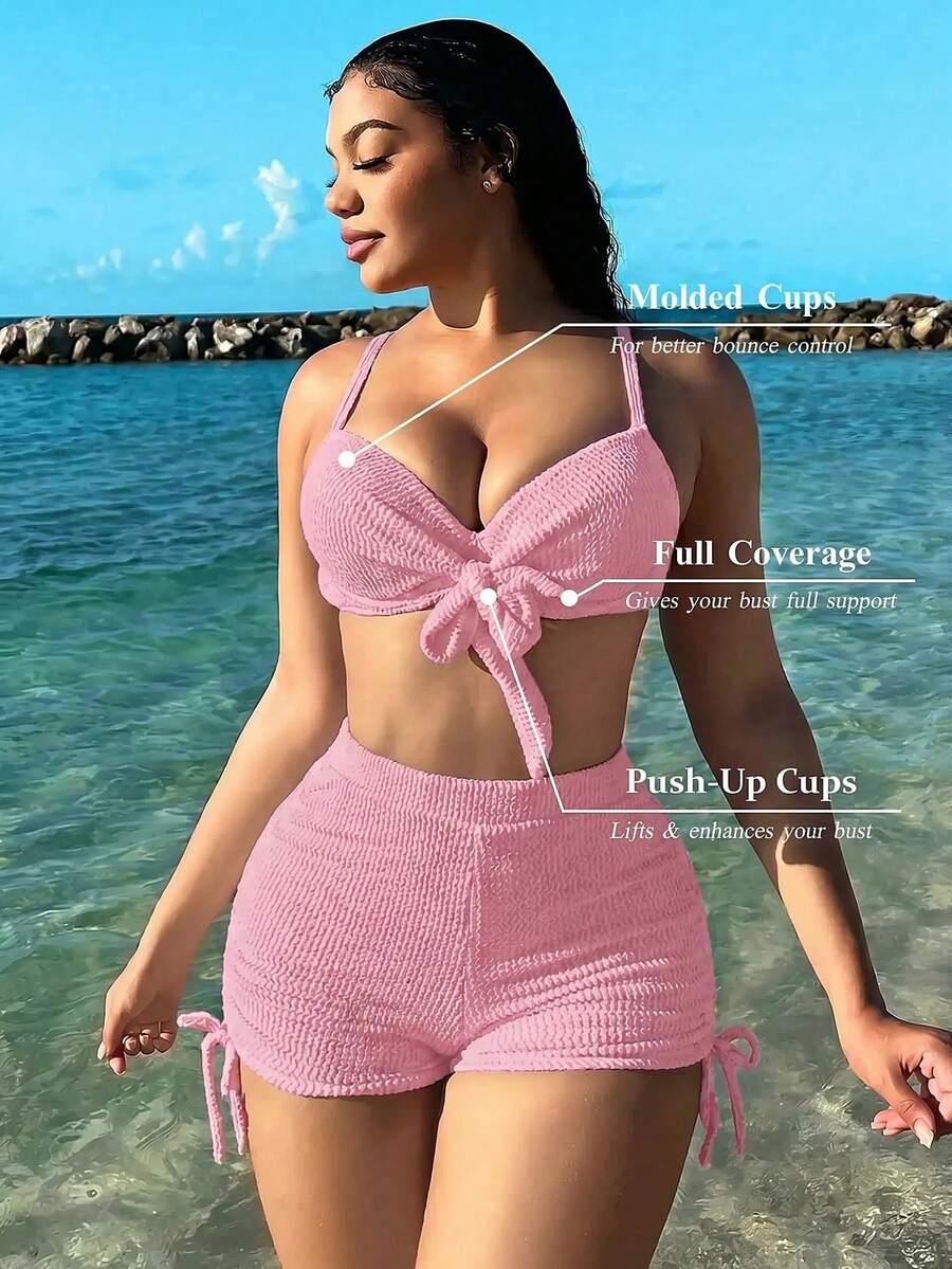 Swim SXY 女款夏季海灘純色前繫結性感時尚比基尼兩件式泳衣套裝 - 粉色 - 查看 1