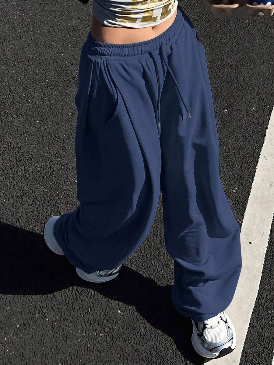 DAZY Solid Color Loose Ruched Sweatpants, Casual Sports Pants For Women, Spring - Blue - View 1