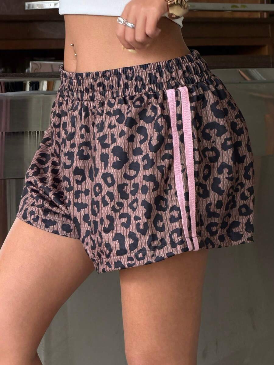 Muchica Women's Summer Casual Leopard Print & Striped Elastic Waist Shorts Vacation - Multicolor - View 1