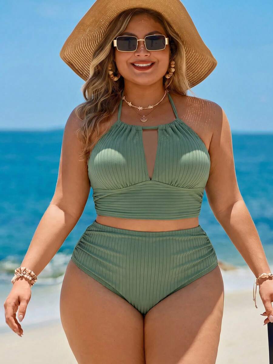 Swim Lushoire Plus Size Women Summer Beach Striped Ruched Halter Tie Sexy Bikini & Triangle Bottom Two-Piece Swimwear Set - Army Green - View 1