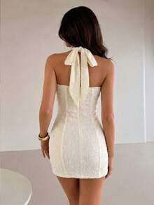 NOVVYNE Women's Cream Summer Tropical Holiday Vacation Dress Elegant Sexy Spaghetti Strap Deep V Neck Backless Sleeveless Tie Front Bodycon Mini Club - Beige - View 2