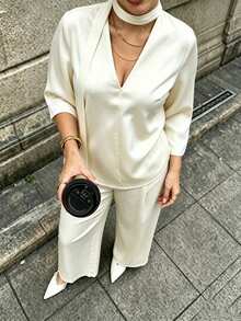 Modelyn Plus Size Champagne V-Neck Tie-Front Bell Sleeve Satin Top & Loose Pants 2 Pieces Set Autumn - Apricot - View 6
