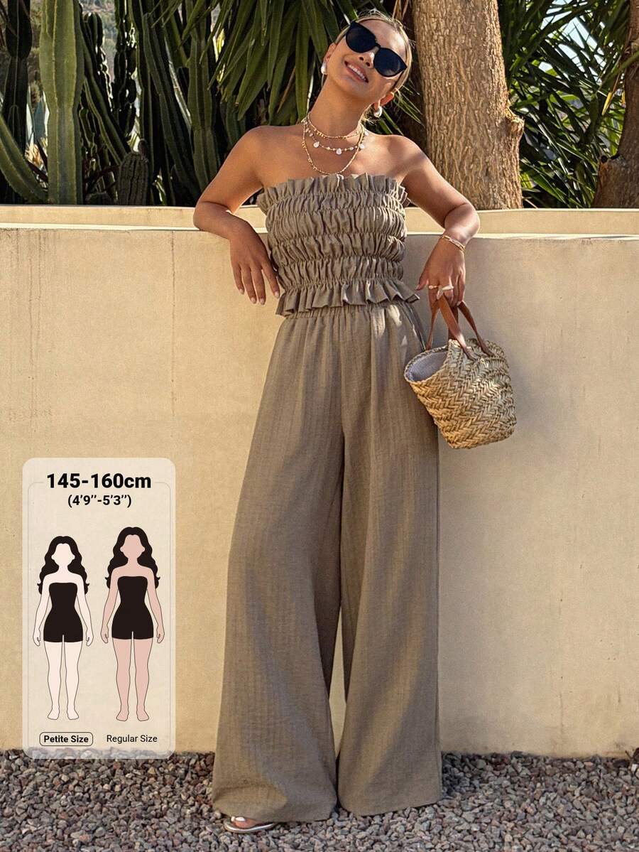 DAZY Women's Solid Color Ruched Bandeau Top And Long Pants Casual Tropical Daily 2 Pieces Set Summer Vacation Khaki - Brown - View 1