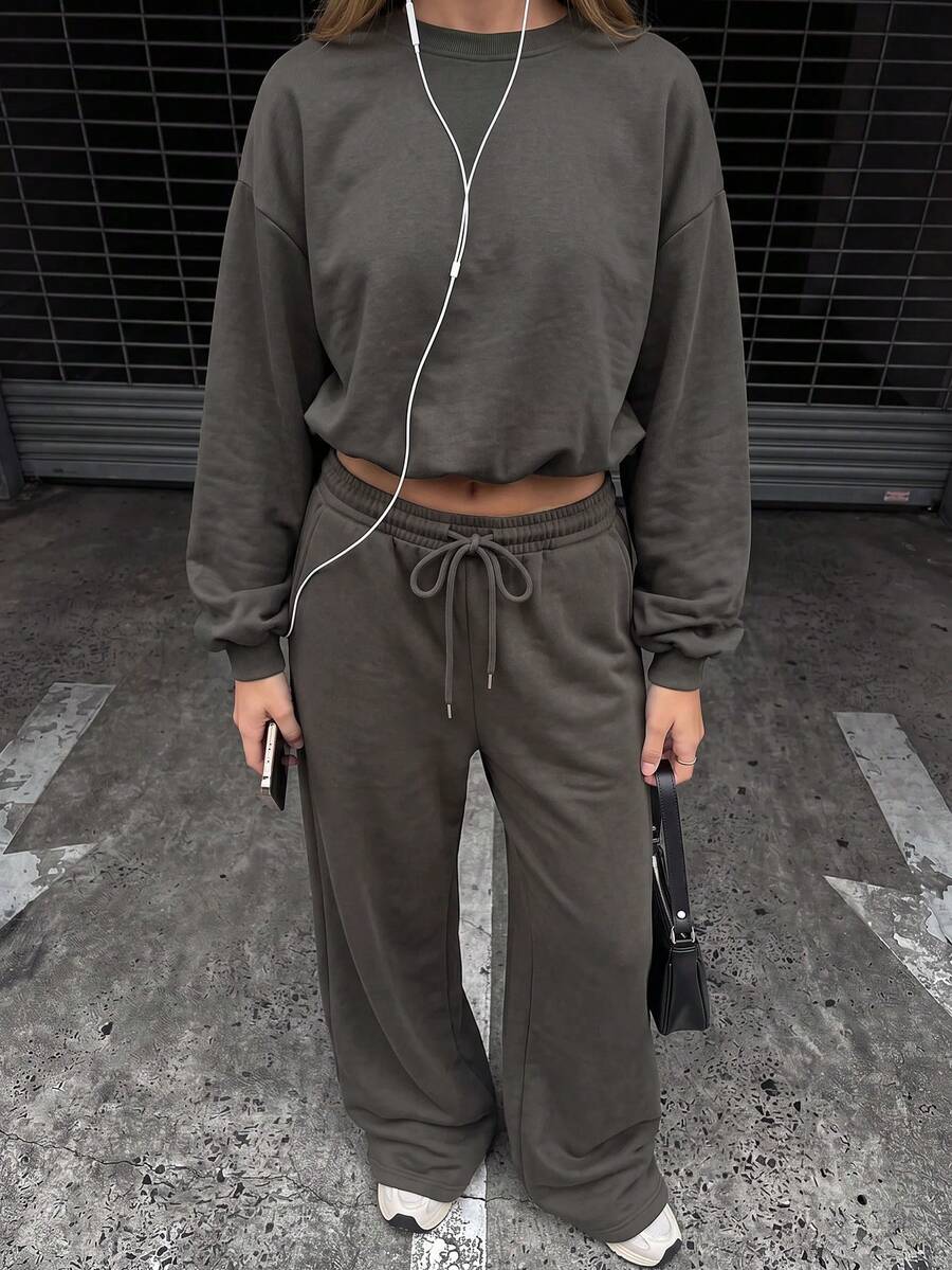 Avantive Women's Solid Color Long Sleeve Top And Drawstring Waist Pants Casual Daily 2-Piece Set
