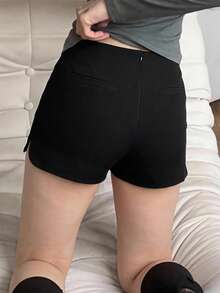 DAZY 純色彈性高腰修身短版灰色夏季女款短褲 - 黑色 - 查看 5