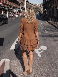SHEIN LilyWest Women's Fashion Spring Summer Autumn Coffee Color Cake Mini Dress - Coffee - View 2