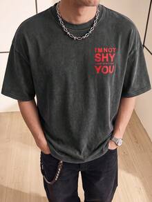 Chillumni 男士复古时尚街头休闲标语印花宽松水洗T恤，适合夏季日常通勤 - 黑色 - 查看 4