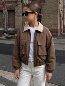 DAZY Jaket Musim Dingin Kasual Lengan Panjang dengan Kerah Warna Kontras untuk Remaja Perempuan - Coklat - View 6