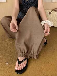 DAZY 純色寬鬆燈籠褲九分長休閒度假夏季女款長褲 - 棕色 - 查看 5