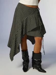 COUREZ Asymmetric Check Midi Skirt / Y2K Cute Skirts For Women Flowy Skirts Autumn Winter Outfits Fall Bottoms For Women Fall Clothes Autumn Outfits - Black - View 2
