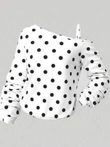 SHEIN 青少年女孩波點露肩休閒日常長袖秋季衛衣 - 白色 - 查看 3