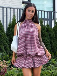 SAYEHFBABY Women's Summer Fashion Plaid Ruffle Hem Halter Backless Mini Dress Checkered Dress Backless Sundress Backless Summer Dress Picnic Dresses Elegant - Burgundy - View 1