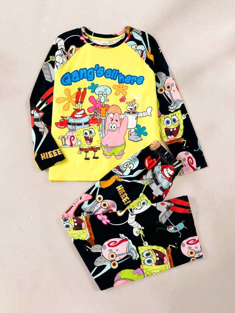SpongeBob SquarePants | SHEIN 两件套男童卡通图案圆领插肩袖长袖T恤和宽松针织睡裤睡衣套装 - 黃色 - 查看 1