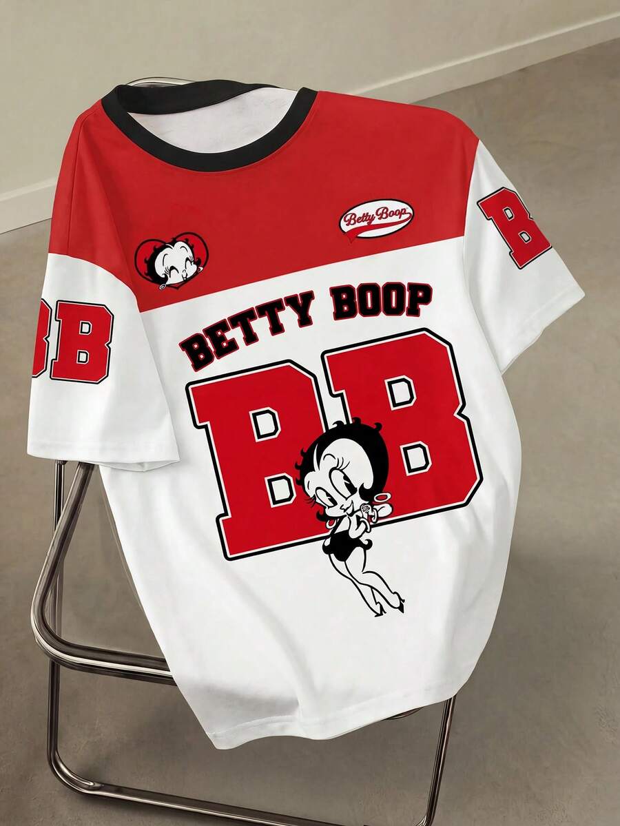 Betty Boop x SHEIN 女款夏季休閒時尚日常通勤運動風趣味卡通字母印花拼色短袖T恤 - 白色 - 查看 1