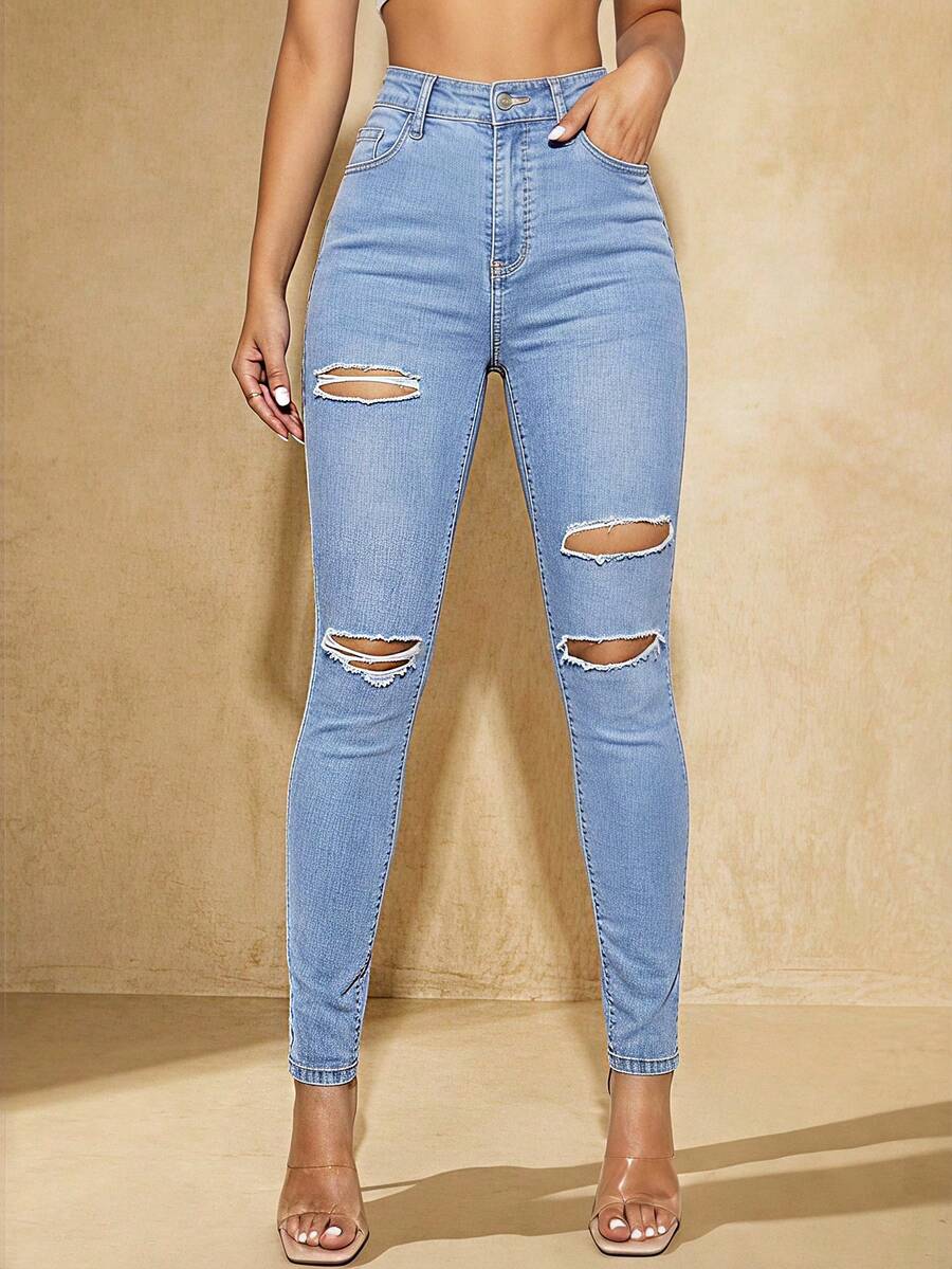 Selenza Jeans pitillo negros con bolsillos inclinados y rasgados - Lavado ligero - Ver 1