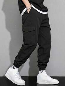 SHEIN Teen Boy Teen Boy Casual Black Jogger Cargo Pants For School Outdoor Travel Autumn/Winter - Black - View 4