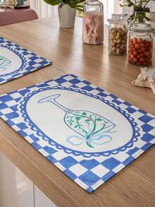SHEIN 1 Piece, 2 Pieces, 4 Pieces, 6 Pieces, French Pastoral Blue And White Checkerboard Placemat, Linen Fabric Goblet Printed Thermal Insulation Mat, Restaurant Western Food Decorative Table Mat - Blue - View 6
