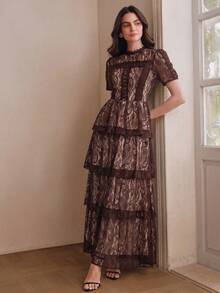 Anewsta Summer New Short Sleeve Multi-Layer Lace Ruffle Hem Elegant Versatile Long Dress - Coffee - View 4