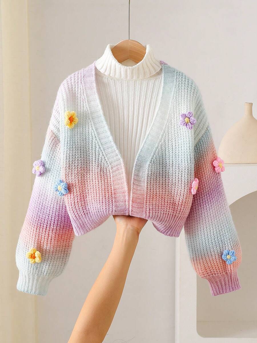 SHEIN 少女手工花卉彩虹色針織開襟衫,可愛短款燈籠袖開襟衫 - 彩色 - 查看 1