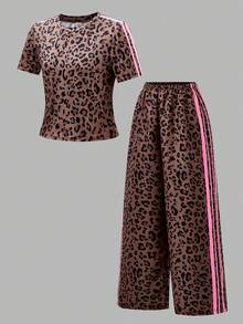 SHEIN 2pcs/Set Teen Girls Short Sleeve & Long Pants Set, Bow Ribbon Pink, Suitable For Spring/Summer, Sports & Commute - Brown - View 3
