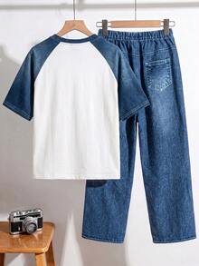 SHEIN Tween Boy Colorblock Patchwork Number Print T-Shirt & Denim Print Pants 2pcs Set - Dark Wash - View 2