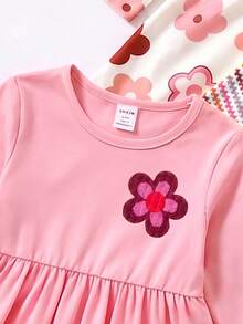 Vestido de cuello redondo de manga larga para niñas bebé, patrón a rayas con elemento floral, adecuado para primavera otoño invierno, uso diario y salidas de fin de semana - Multicolor - Ver 4