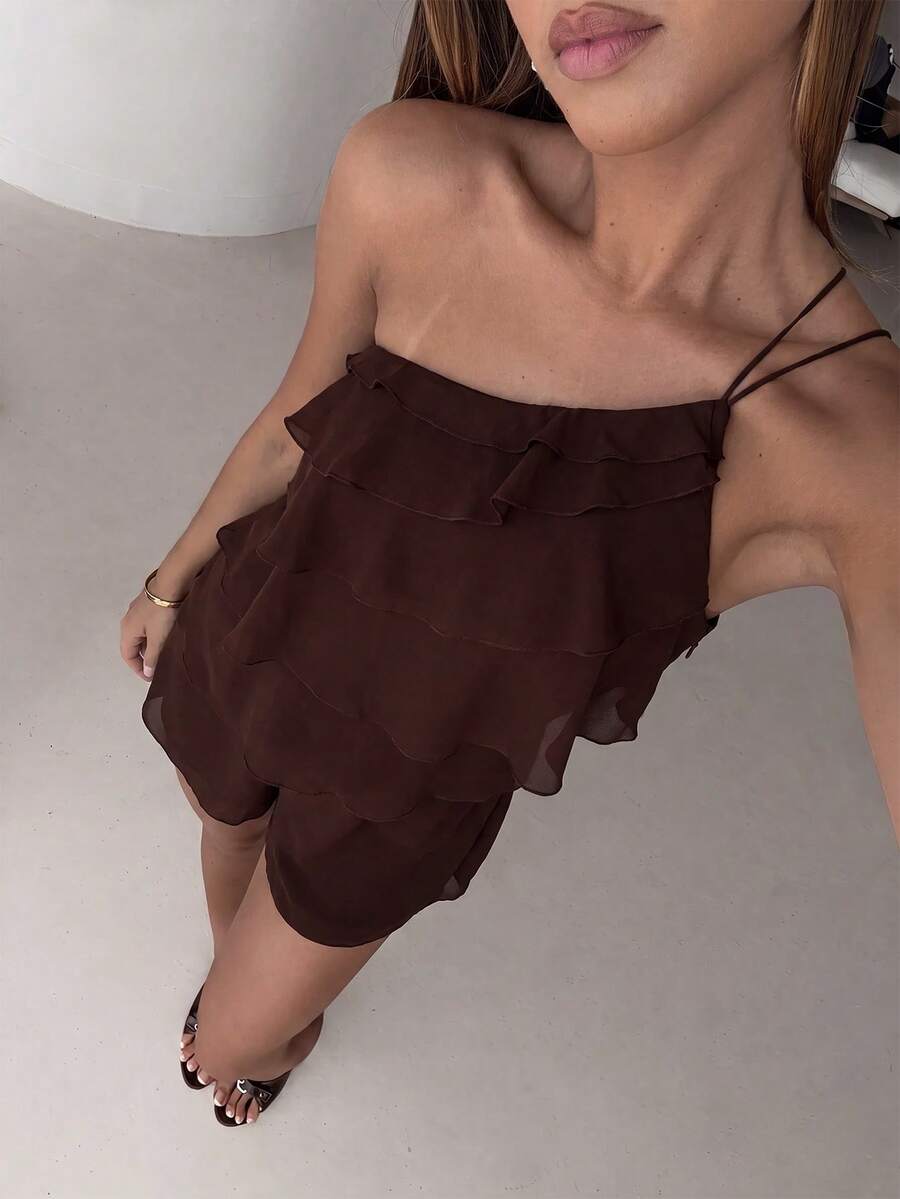 Aloruh Brown Romantic Chiffon One-Shoulder Multi-Layer Ruffle Design Short Jumpsuit For Women - Brown - View 1