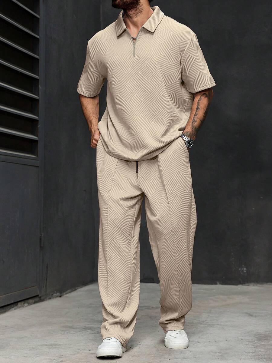 Manfinity CasualCool Plus Size Men 2pcs Set, Solid Color Short Sleeve Polo Shirt & Pants, Cozy Outfits - Apricot - View 1