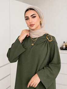 Solavon Plus Size Women Spring/Autumn Casual Solid Color High Slit Hem Long Top And Wide Leg Pants 2 Pieces Set Fall - Green - View 7