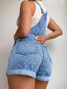 Flexra Overol corto de mezclilla para mujer con lunares, estilo deportivo vibrante, versátil para ir al trabajo y citas, con bajo doblado - Azul lavado medio - Ver 6