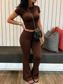 INAWLY Solva Women's Solid Color Raglan Short Sleeve T-Shirt And Flare Pants Casual 2 Pieces Set - Coffee Brown - View 3