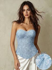 Franclia Women's Floral Embroidery Bandeau Top, Suitable For Beach/Resort Wear, Summer - Baby Blue - View 1